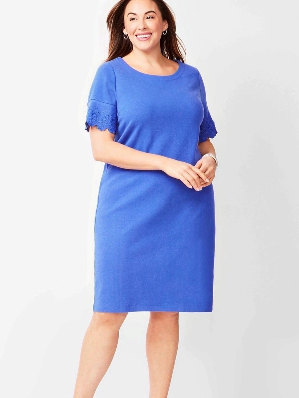 Talbots Shift Dress 1X Blue Short Sleeve Embroidered Sleeves NEW $109 Cotton